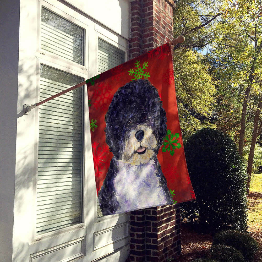 Portuguese Water Dog Red Snowflakes Holiday Christmas Flag Canvas House Size  the-store.com.