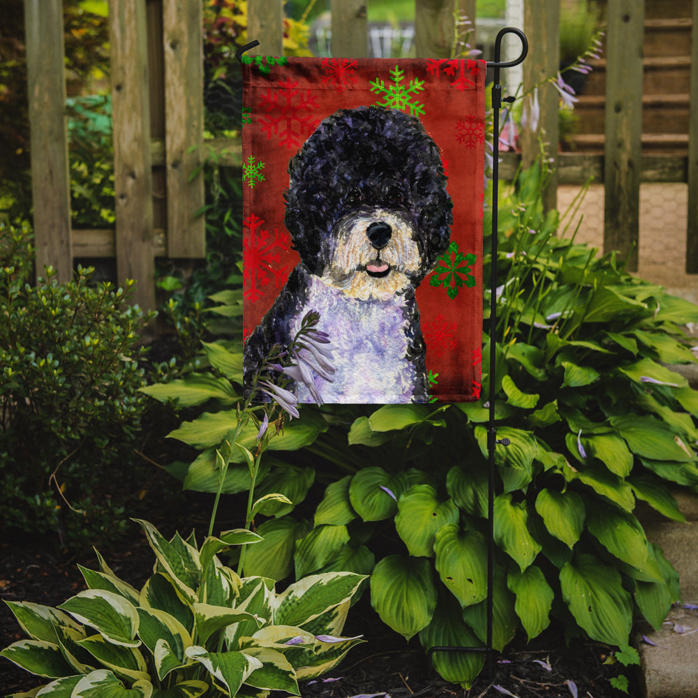 Portuguese Water Dog Red Green Snowflake Christmas Flag Garden Size.