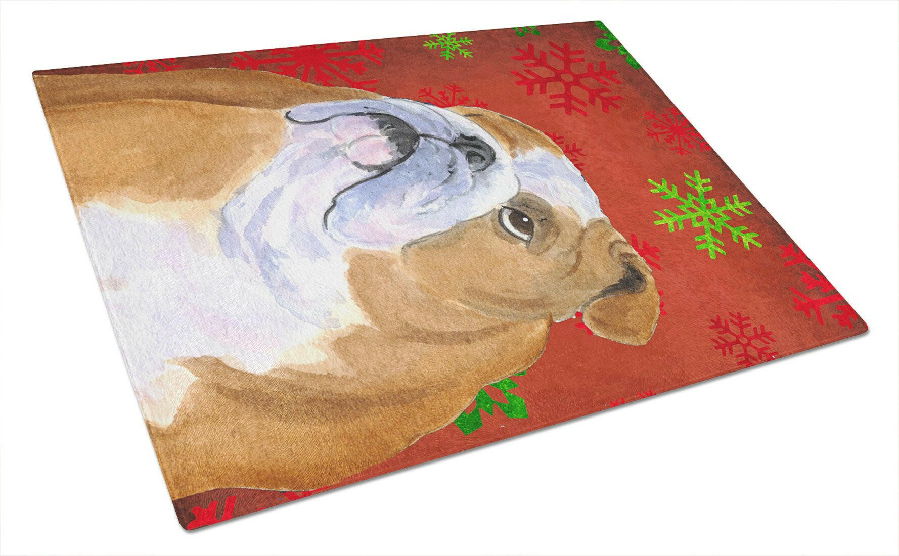 Bulldog English Red and Green Snowflakes Christmas Glass Cutting Board Large by Caroline's Treasures