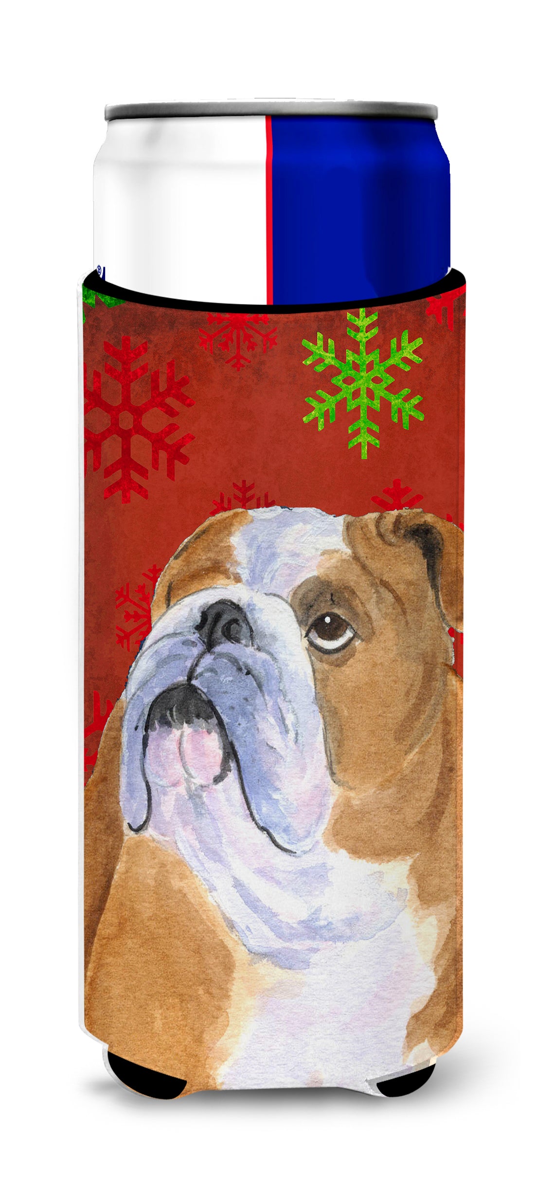 Bulldog English Red and Green Snowflakes Holiday Christmas Ultra Beverage Insulators for slim cans SS4698MUK.