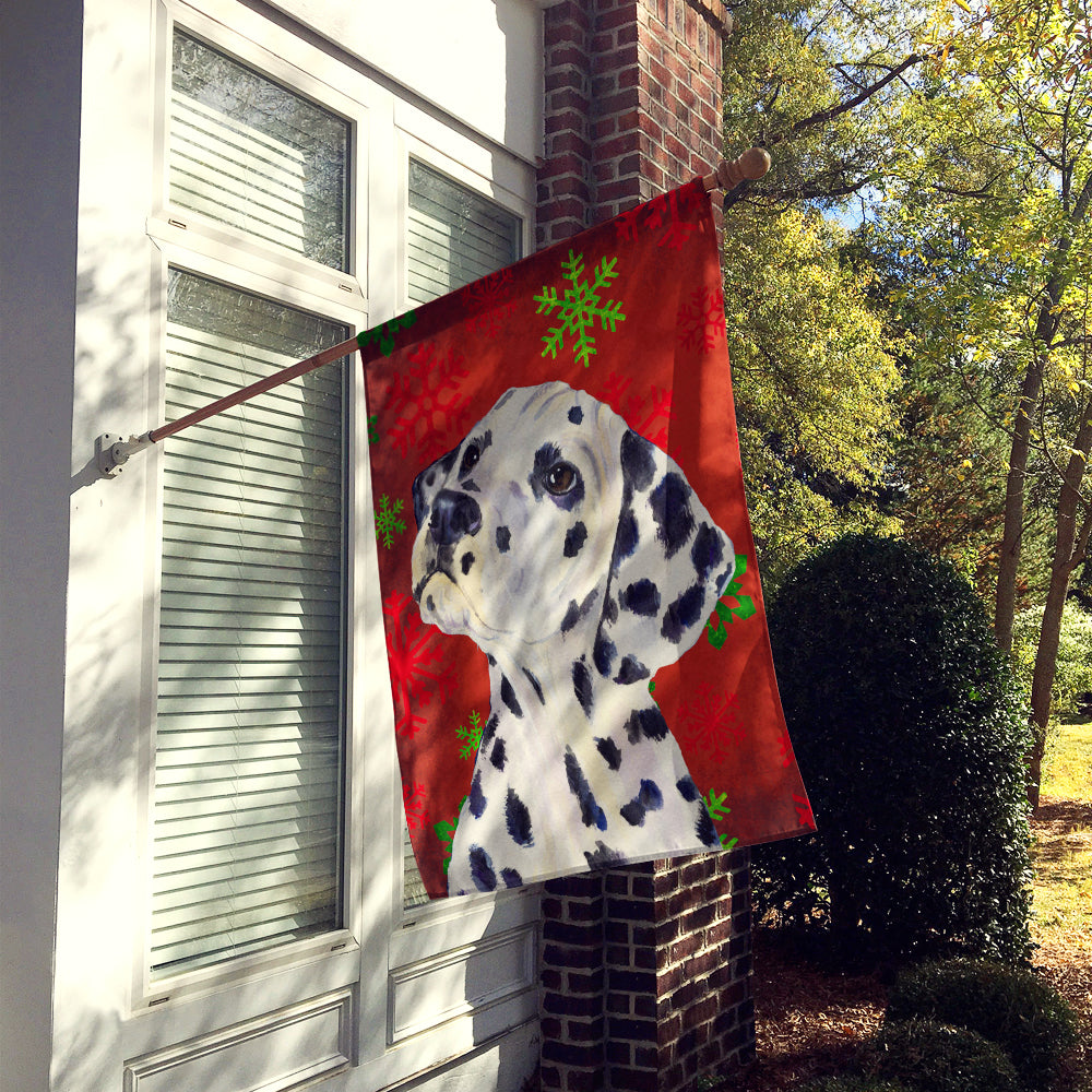 Dalmatian Red and Green Snowflakes Holiday Christmas Flag Canvas House Size  the-store.com.