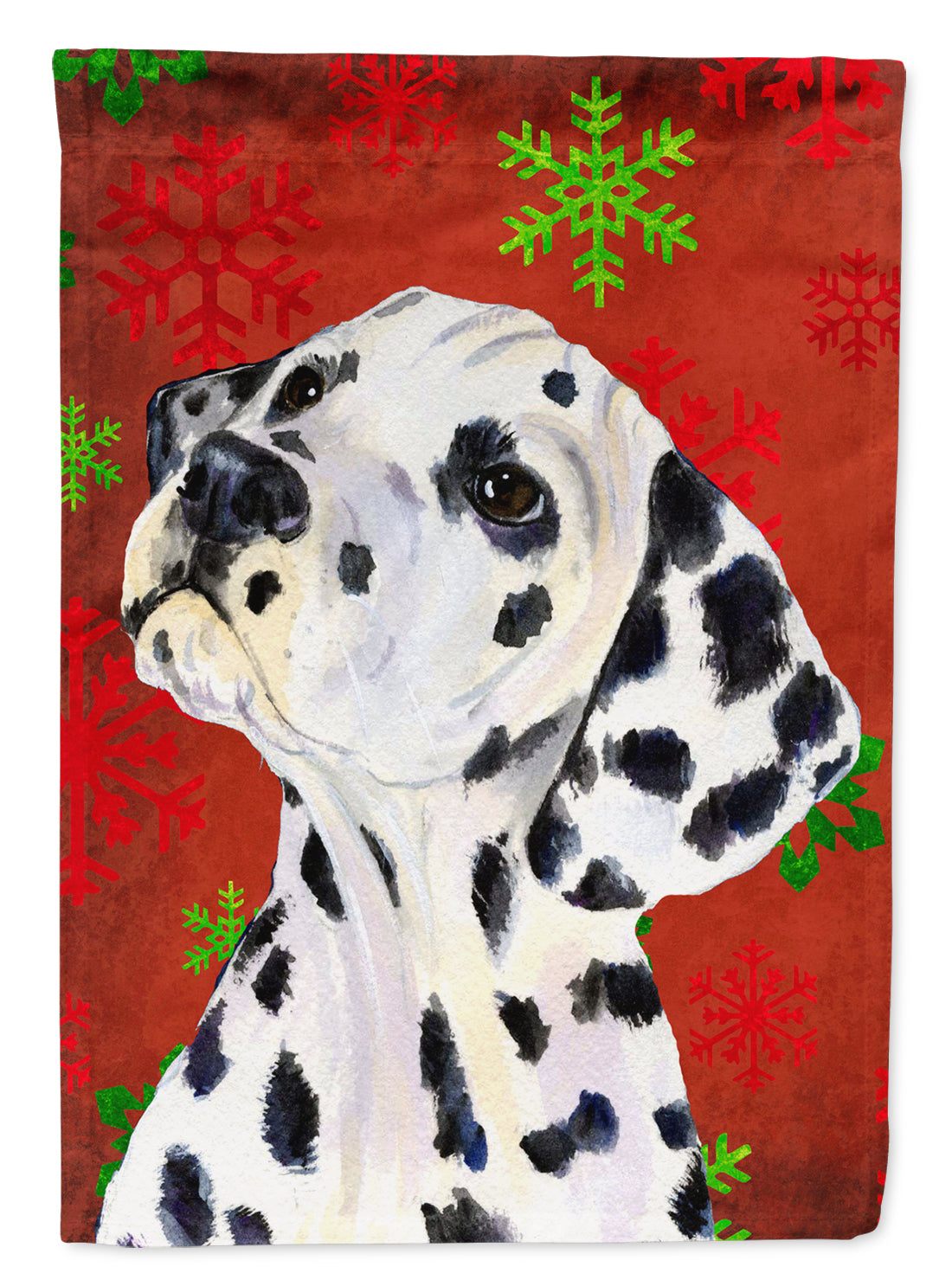 Dalmatian Red and Green Snowflakes Holiday Christmas Flag Canvas House Size  the-store.com.