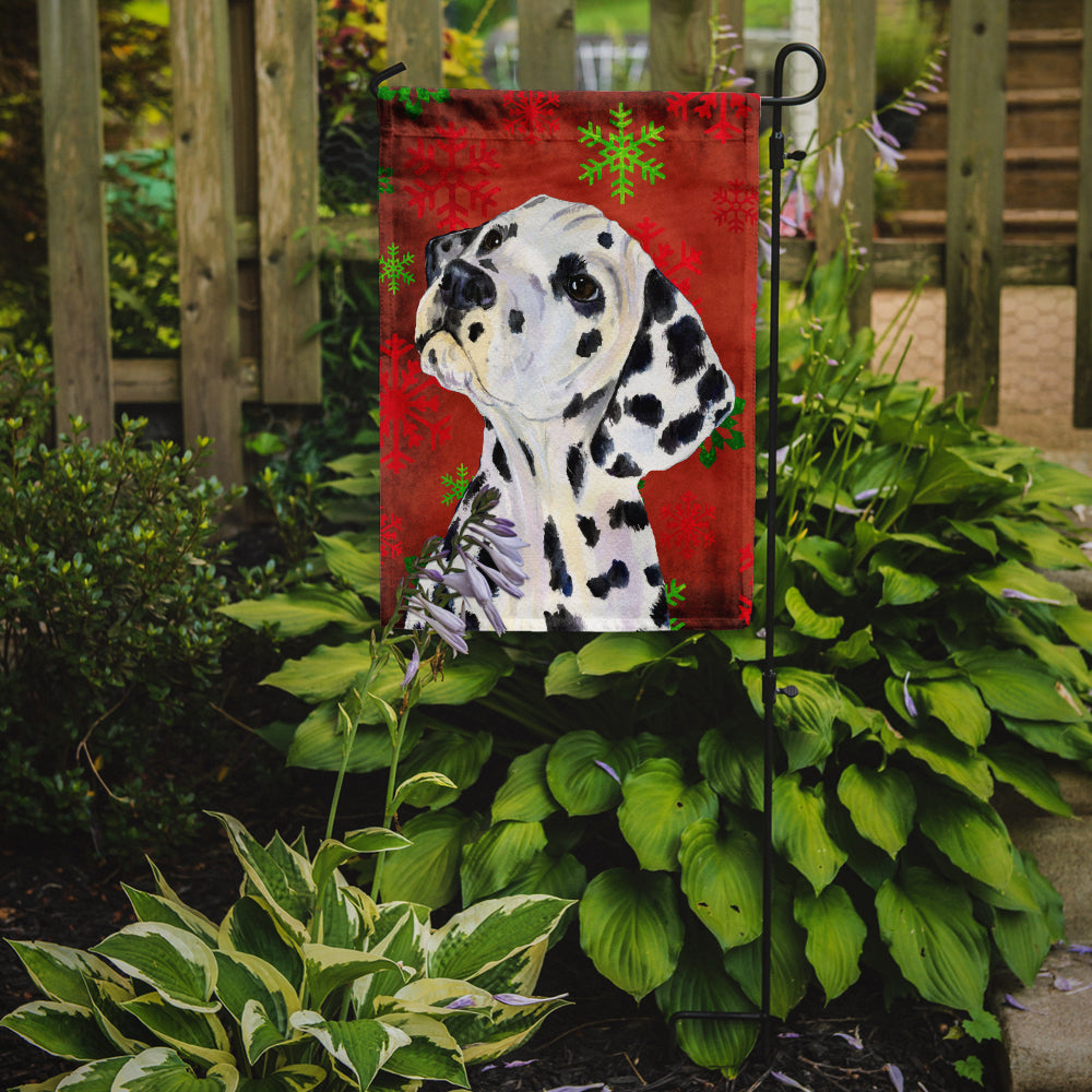 Dalmatian Red and Green Snowflakes Holiday Christmas Flag Garden Size.