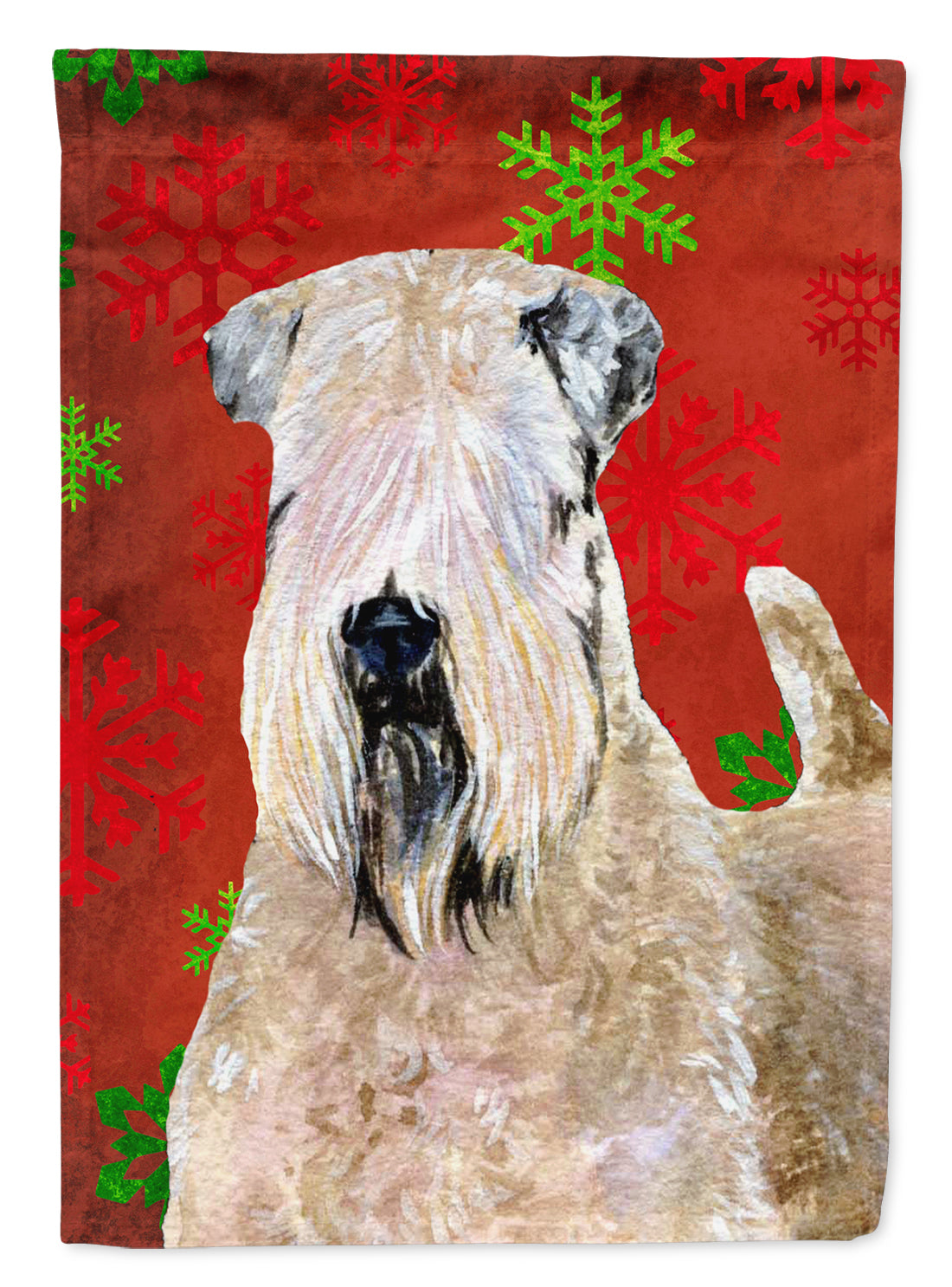 Wheaten Terrier Soft Coated Red Snowflakes Holiday Christmas Flag Garden Size.