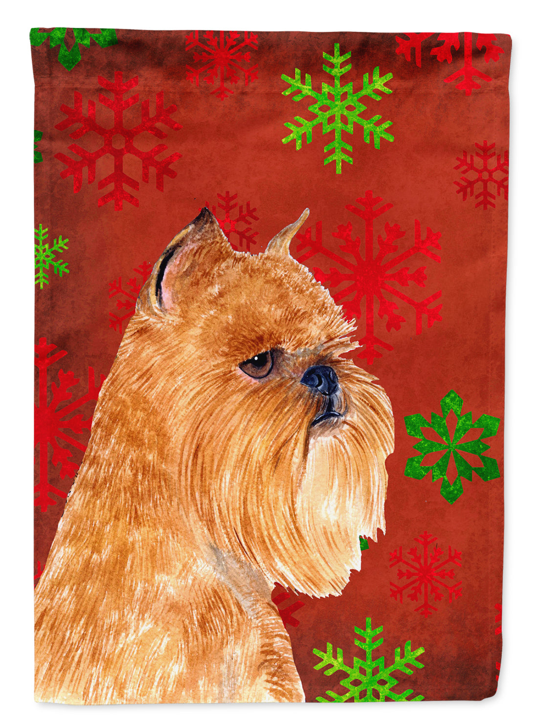 Brussels Griffon Red and Green Snowflakes Holiday Christmas Flag Garden Size.