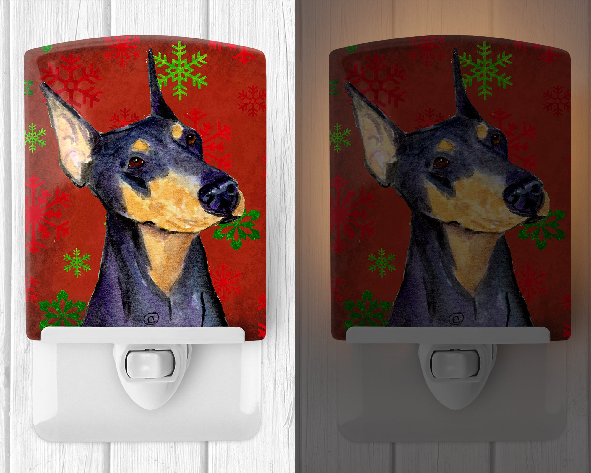 Doberman Red and Green Snowflakes Holiday Christmas Ceramic Night Light SS4702CNL - the-store.com