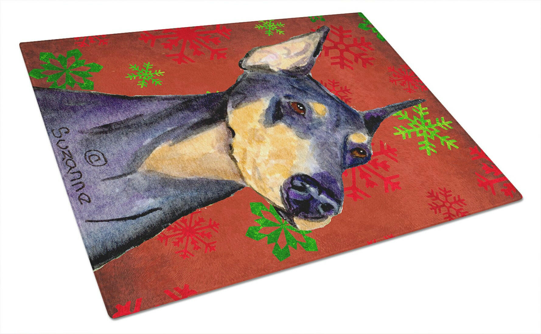 Doberman Red and Green Snowflakes Holiday Christmas Glass Cutting Board Large by Caroline's Treasures