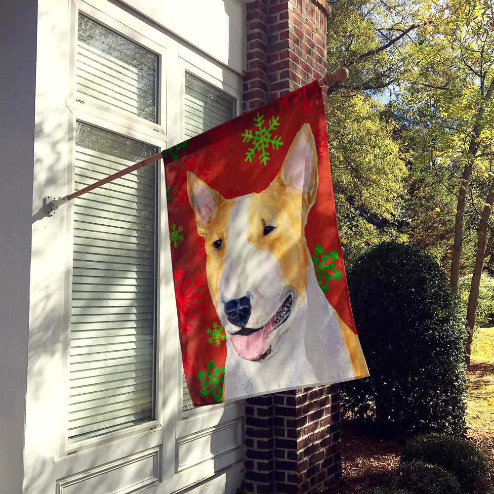 Bull Terrier Red and Green Snowflakes Holiday Christmas Flag Canvas House Size  the-store.com.