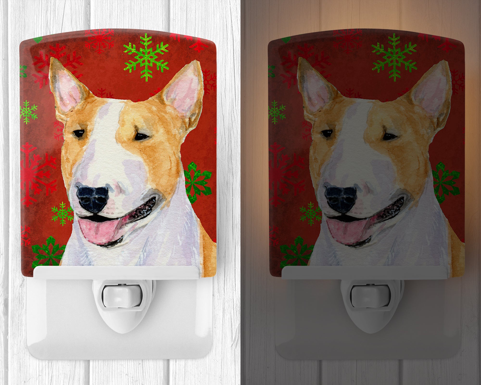 Bull Terrier Red and Green Snowflakes Holiday Christmas Ceramic Night Light SS4703CNL - the-store.com