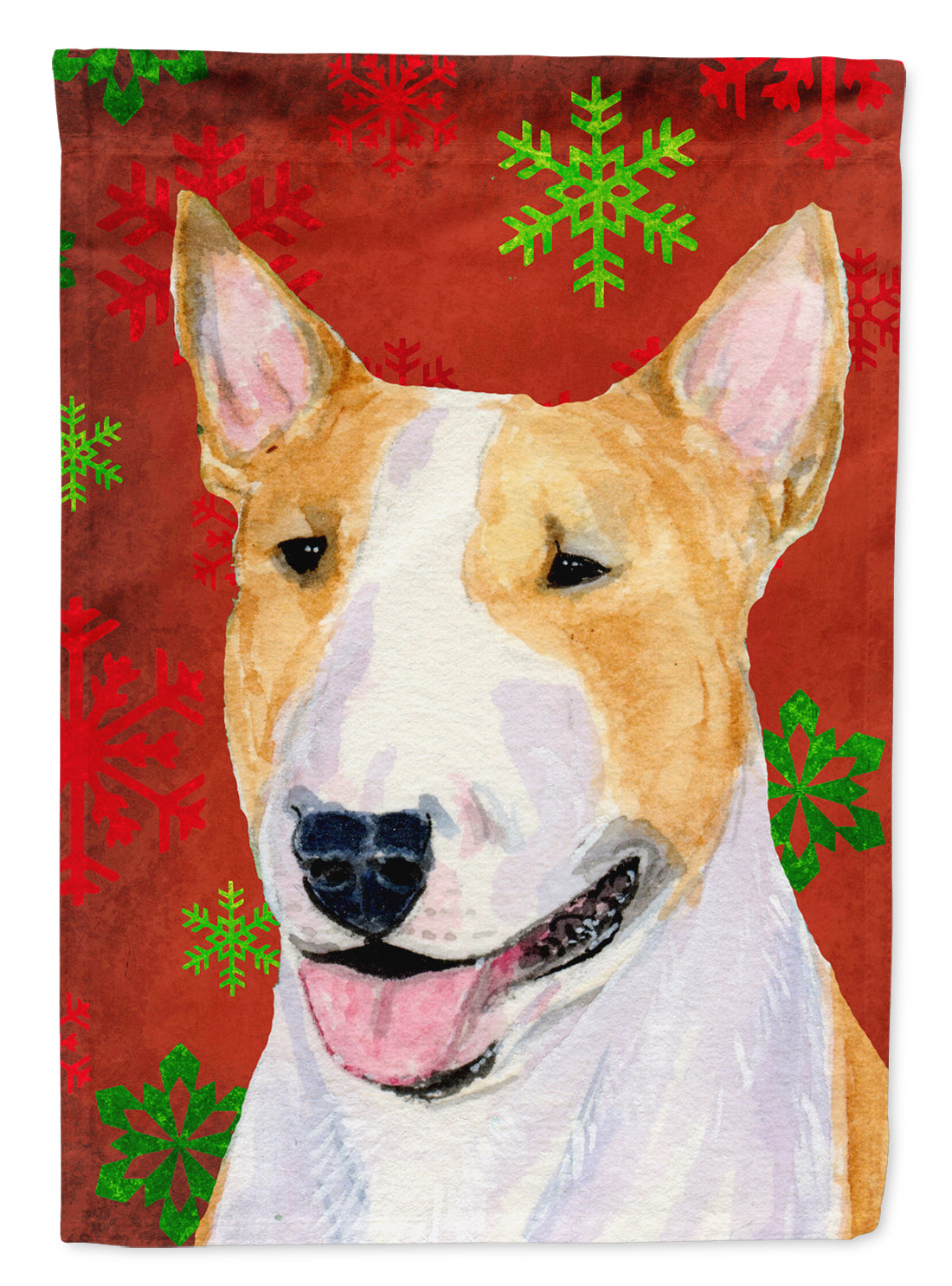 Bull Terrier Red and Green Snowflakes Holiday Christmas Flag Garden Size.