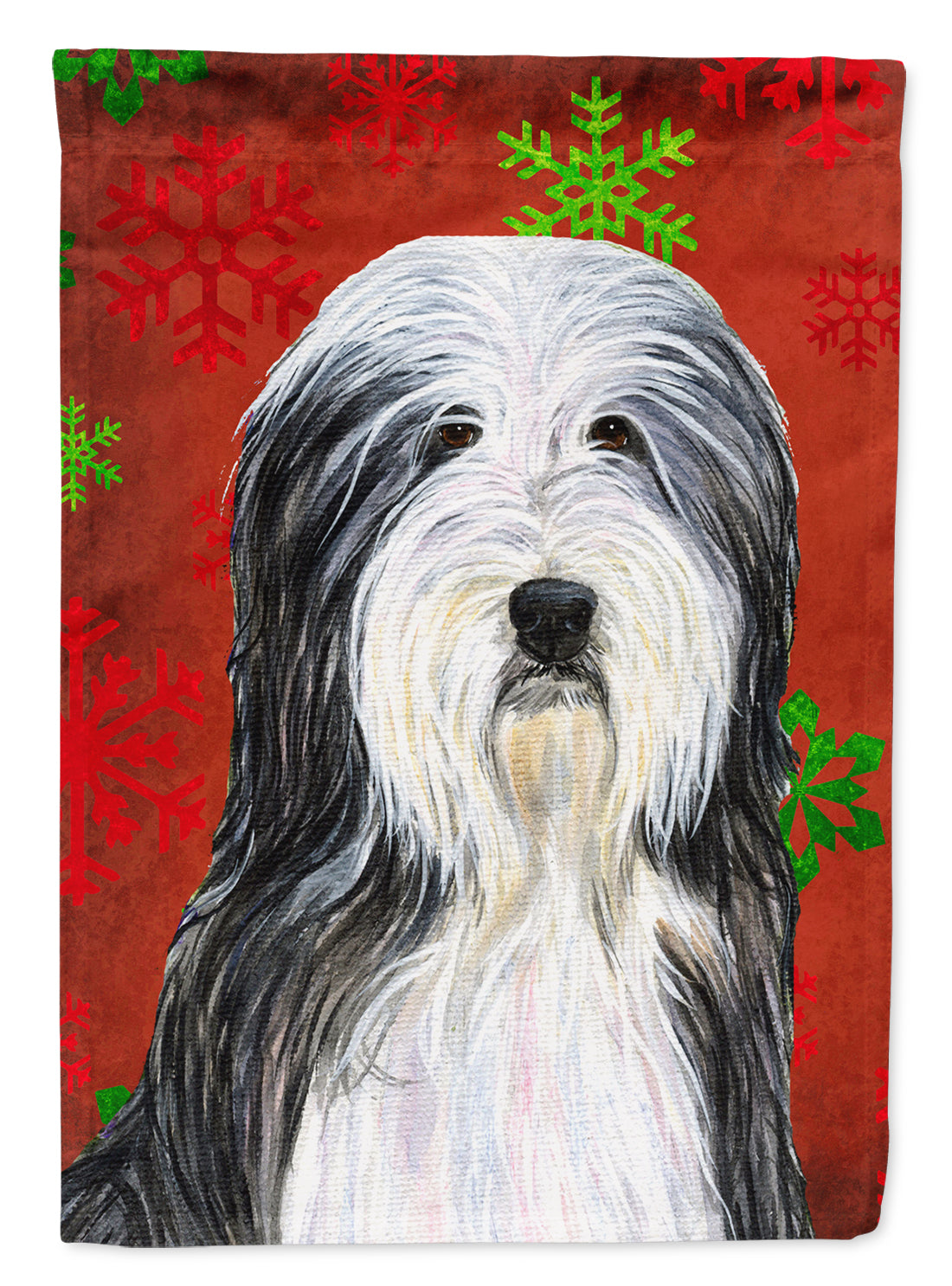 Bearded Collie Red Green Snowflakes Holiday Christmas Flag Canvas House Size  the-store.com.