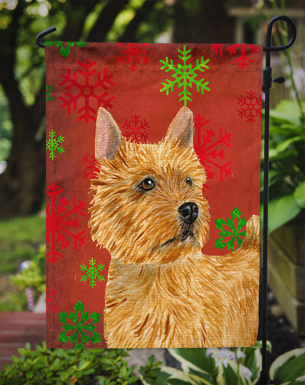 Norwich Terrier Red and Green Snowflakes Holiday Christmas Flag Garden Size.