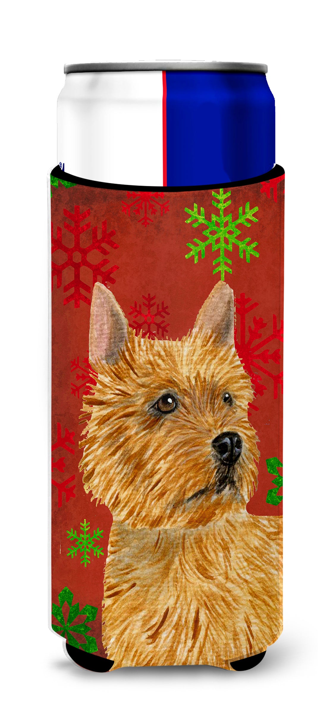 Norwich Terrier Red and Green Snowflakes Holiday Christmas Ultra Beverage Insulators for slim cans SS4706MUK.