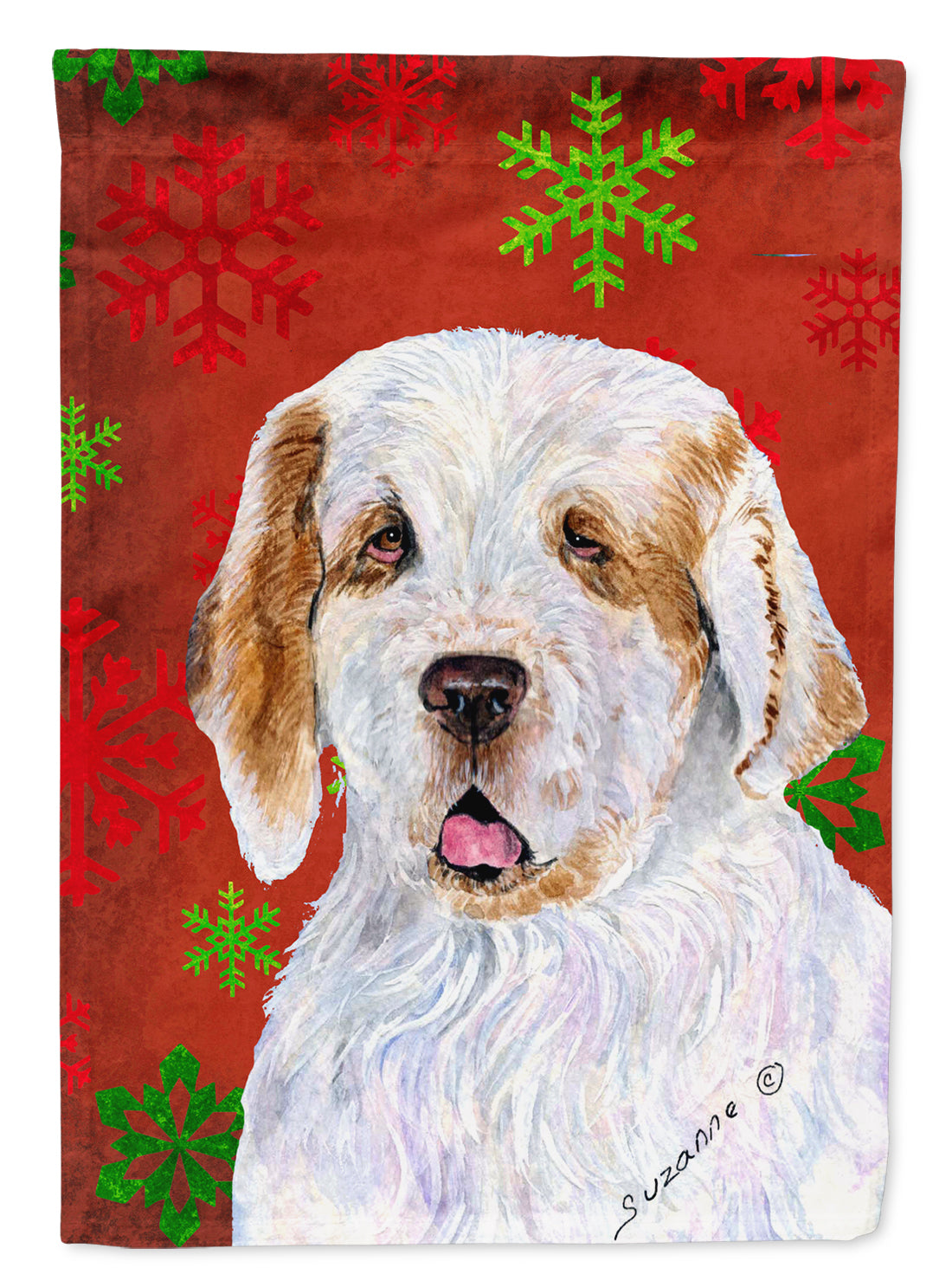 Clumber Spaniel Red and Green Snowflakes Holiday Christmas Flag Garden Size.