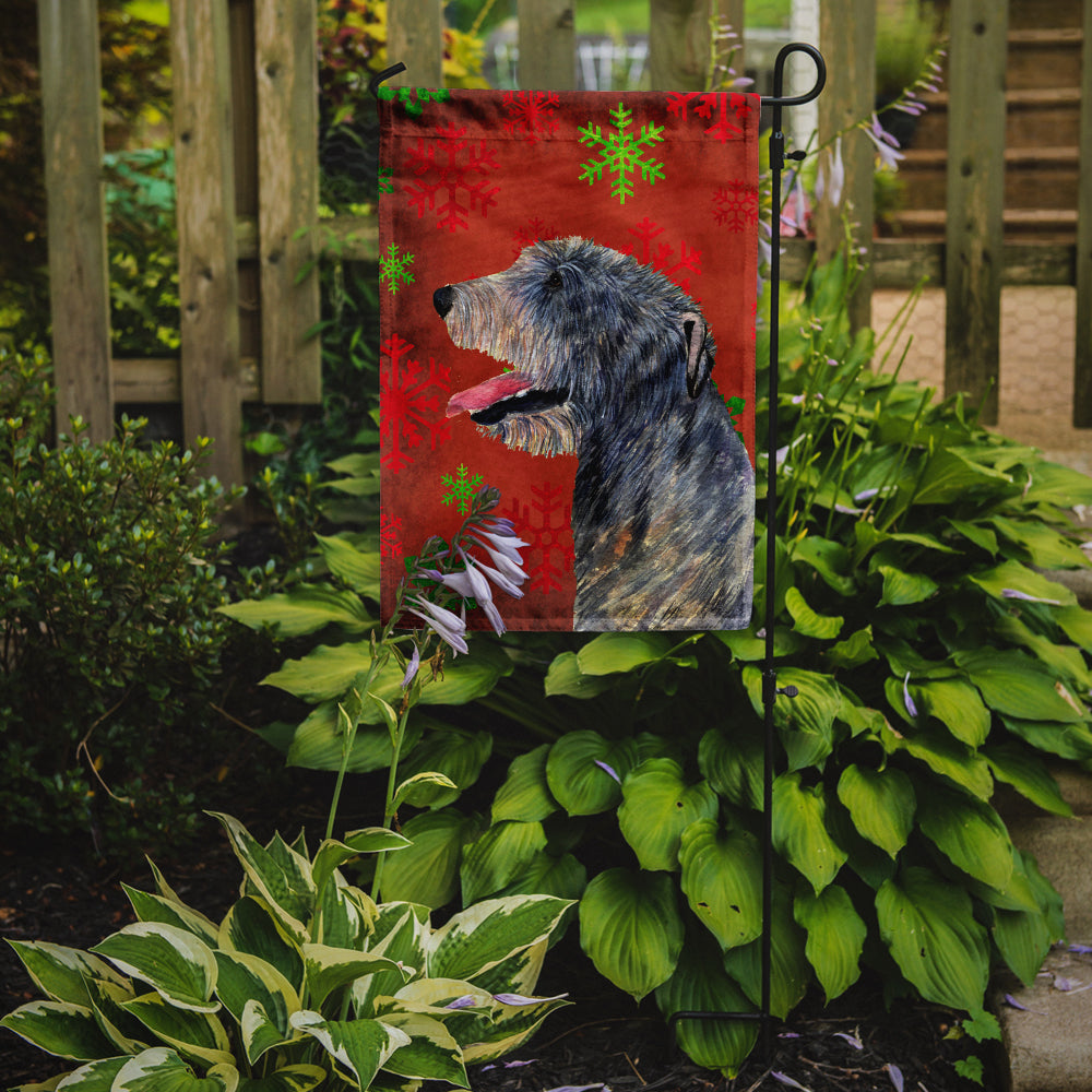 Irish Wolfhound Red and Green Snowflakes Holiday Christmas Flag Garden Size.