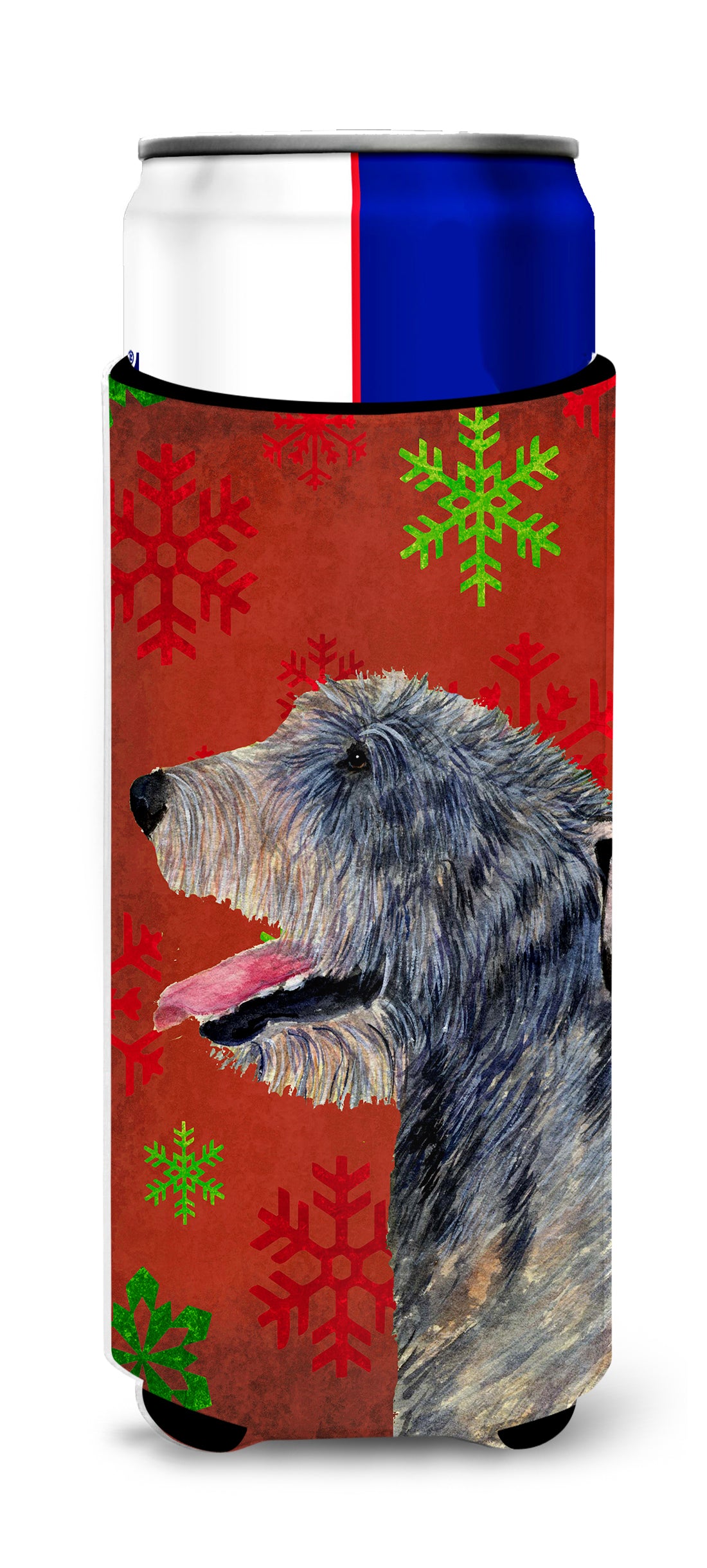 Irish Wolfhound Red and Green Snowflakes Holiday Christmas Ultra Beverage Insulators for slim cans SS4713MUK.