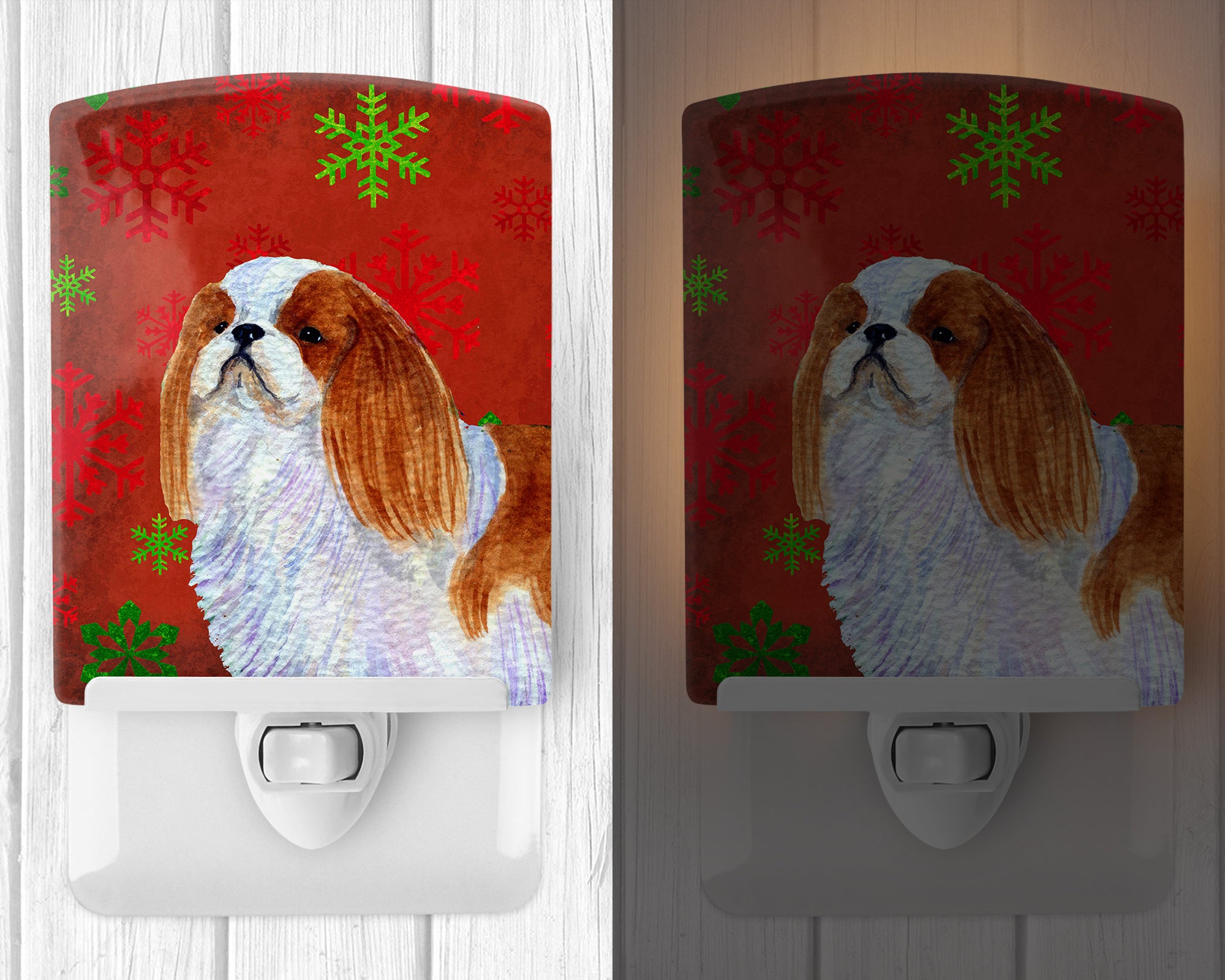 English Toy Spaniel Red and Green Snowflakes Holiday Christmas Ceramic Night Light SS4714CNL - the-store.com