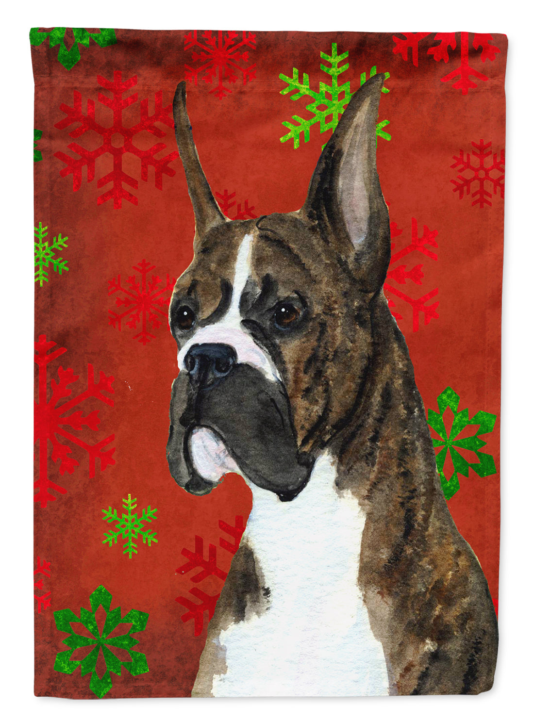 Boxer Red and Green Snowflakes Holiday Christmas Flag Canvas House Size  the-store.com.