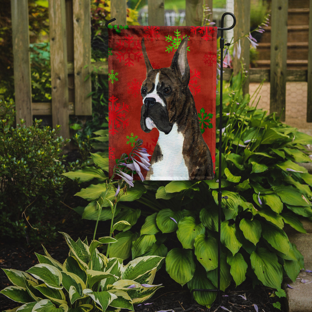 Boxer Red and Green Snowflakes Holiday Christmas Flag Garden Size.