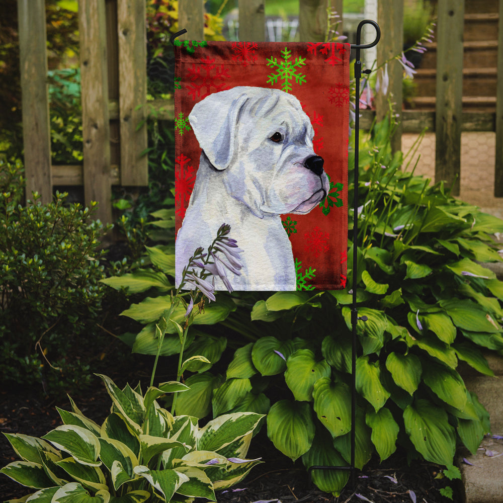 Boxer Red and Green Snowflakes Holiday Christmas Flag Garden Size.