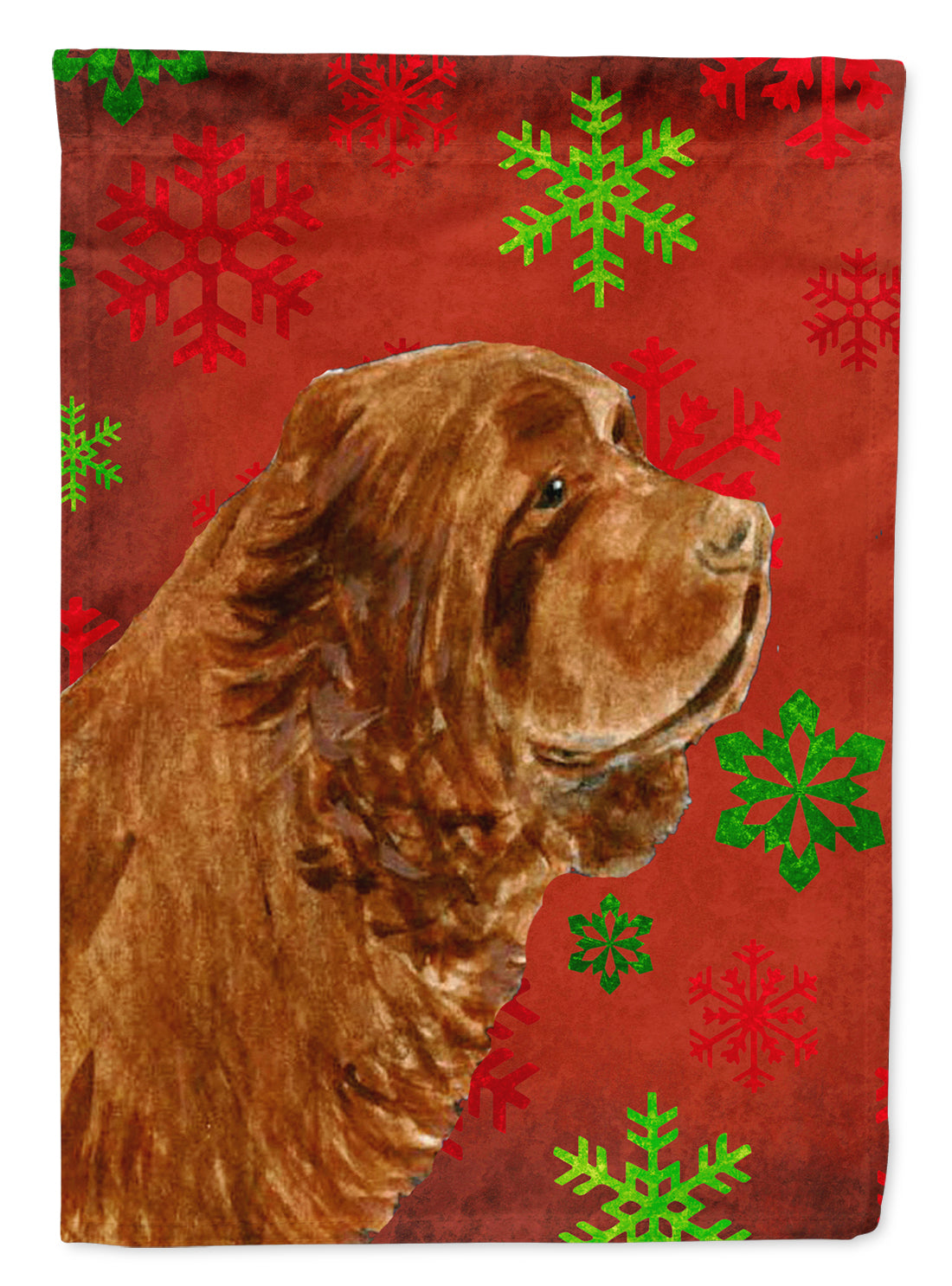 Sussex Spaniel Red Green Snowflakes Holiday Christmas Flag Canvas House Size  the-store.com.