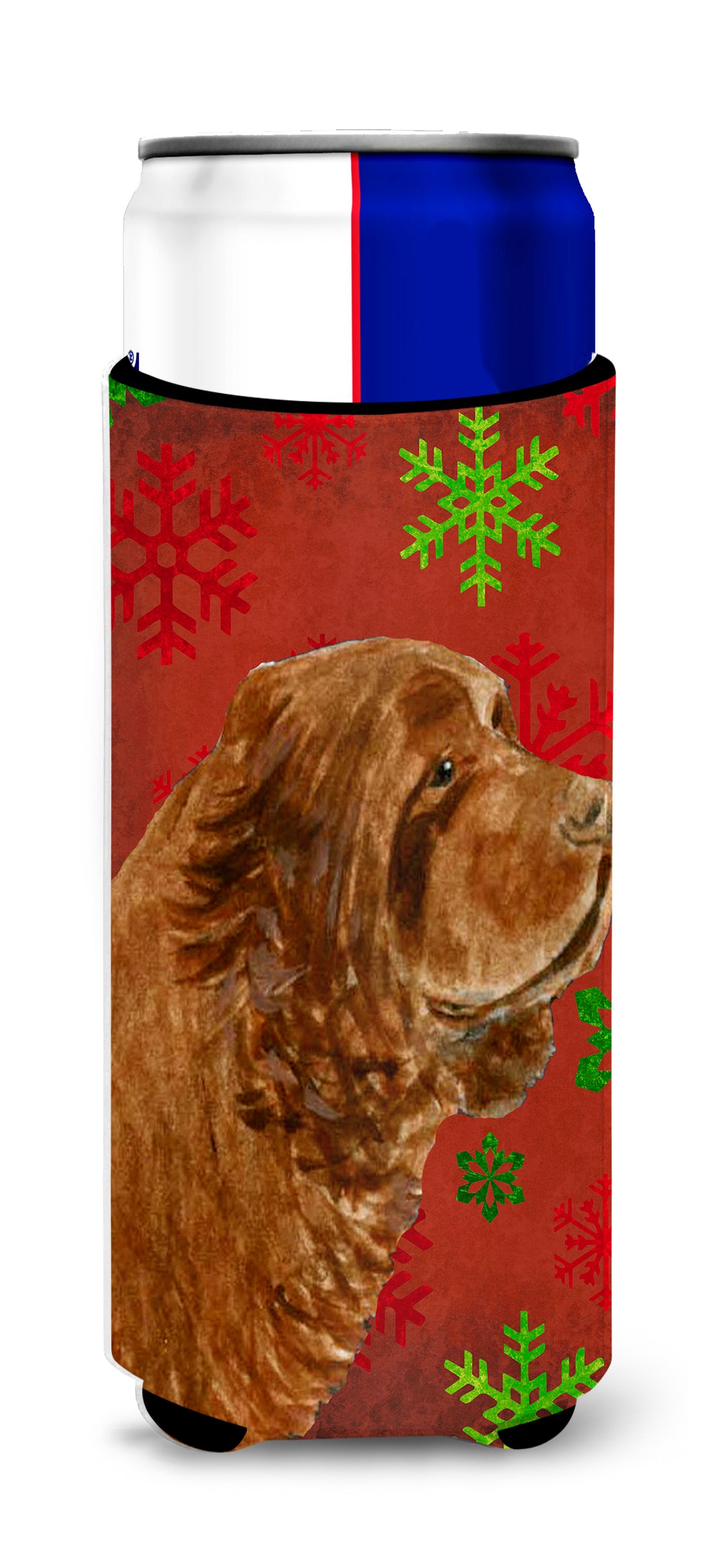 Sussex Spaniel Red Green Snowflake Holiday Christmas Ultra Beverage Insulators for slim cans SS4717MUK.