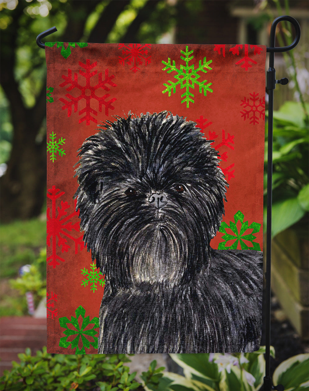 Affenpinscher Red Green Snowflakes Christmas Flag Garden Size.