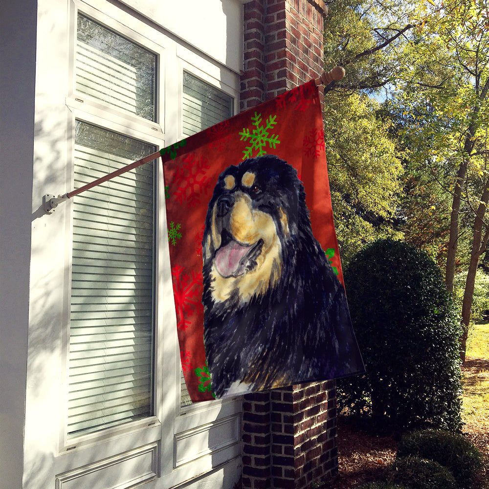 Tibetan Mastiff Red Green Snowflakes Holiday Christmas Flag Canvas House Size  the-store.com.