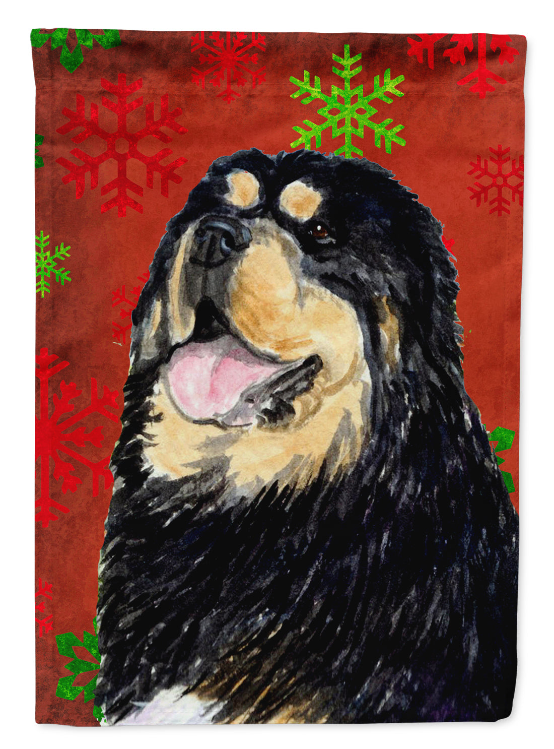 Tibetan Mastiff Red Green Snowflake Christmas Flag Garden Size.