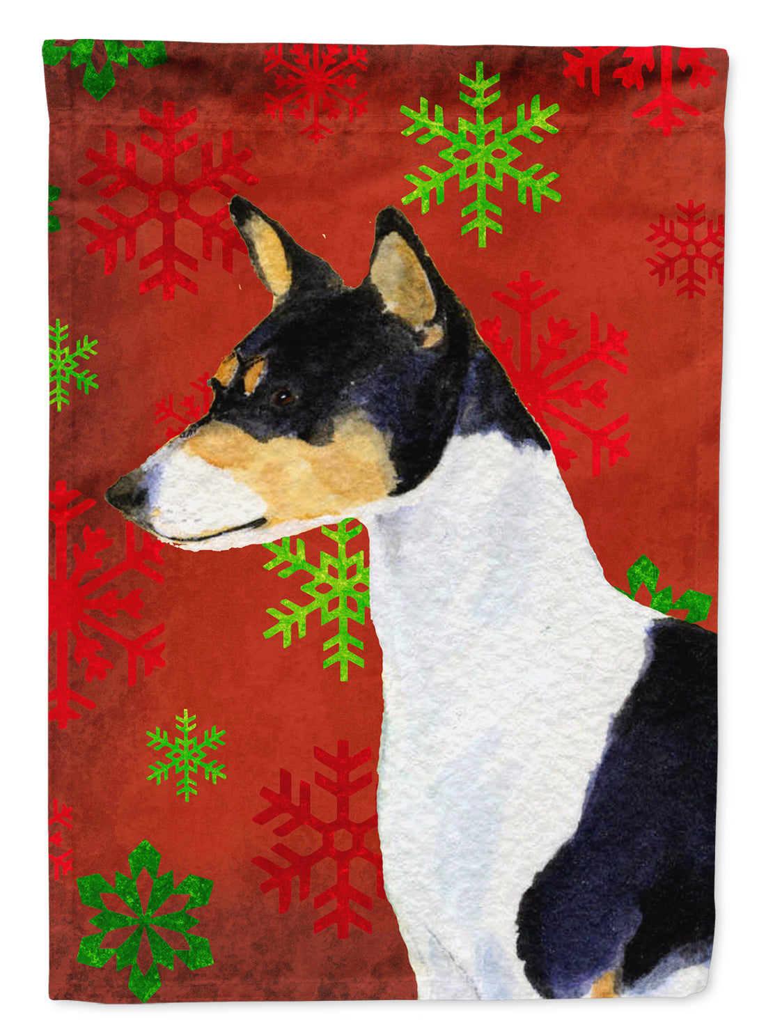 Basenji Red and Green Snowflakes Holiday Christmas Flag Garden Size.