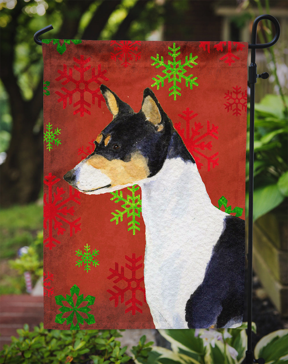 Basenji Red and Green Snowflakes Holiday Christmas Flag Garden Size.