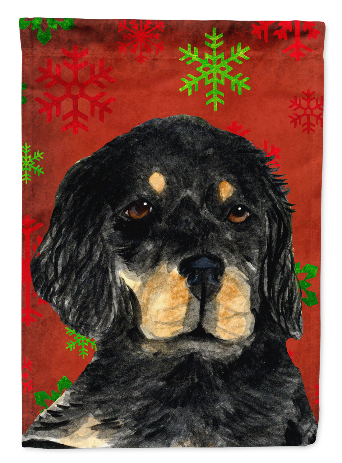 Gordon Setter Red and Green Snowflakes Holiday Christmas Flag Canvas House Size  the-store.com.