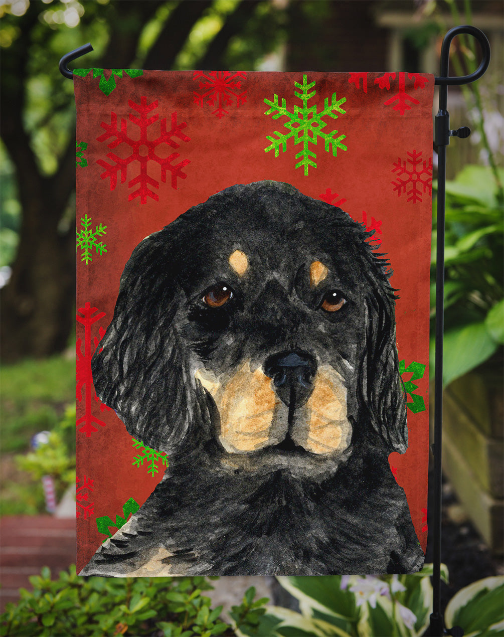 Gordon Setter Red Green Snowflakes Christmas Flag Garden Size.