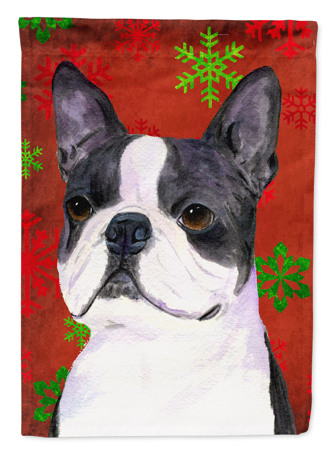 Boston Terrier Red  Green Snowflakes Holiday Christmas Flag Canvas House Size  the-store.com.