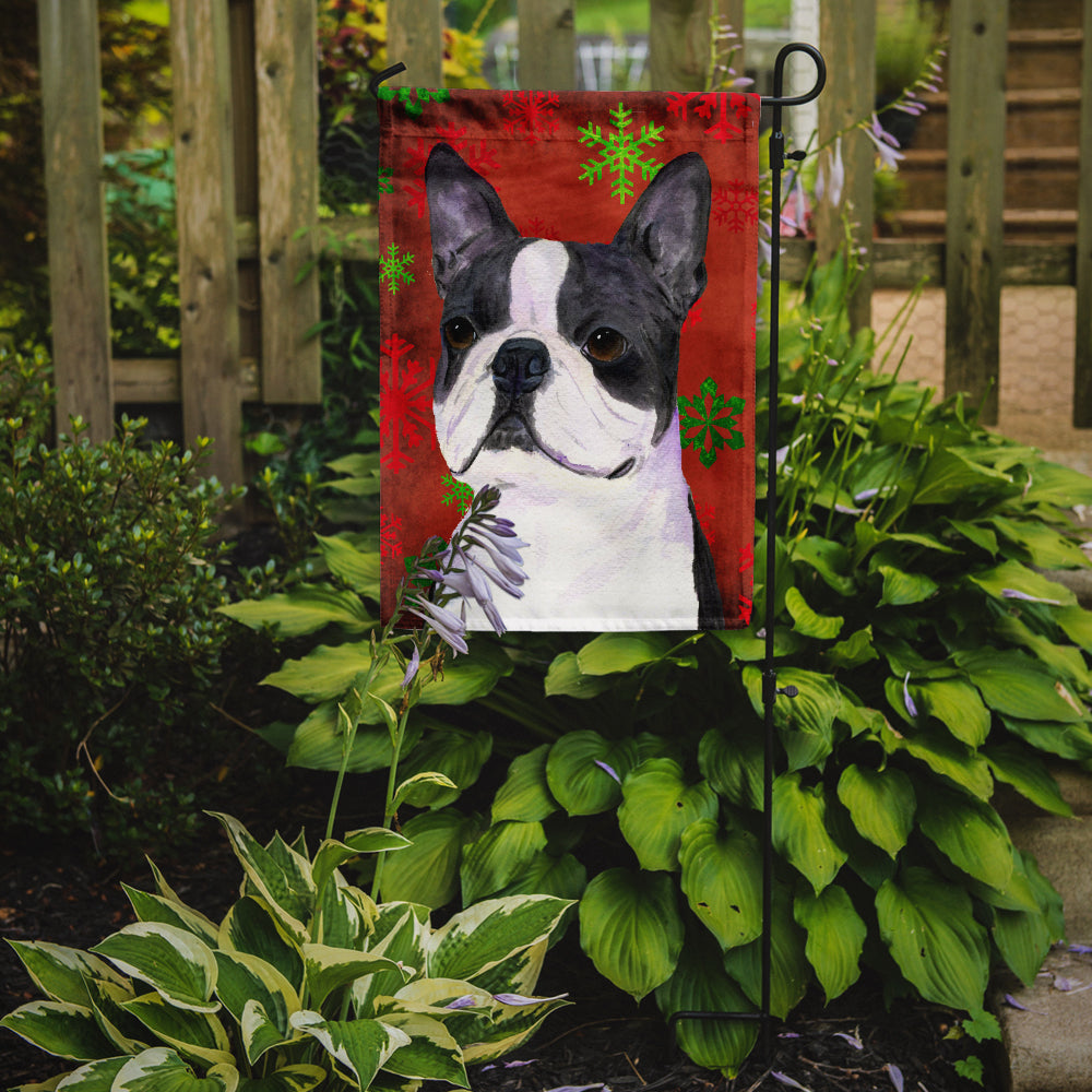 Boston Terrier Red Green Snowflakes Christmas Flag Garden Size.