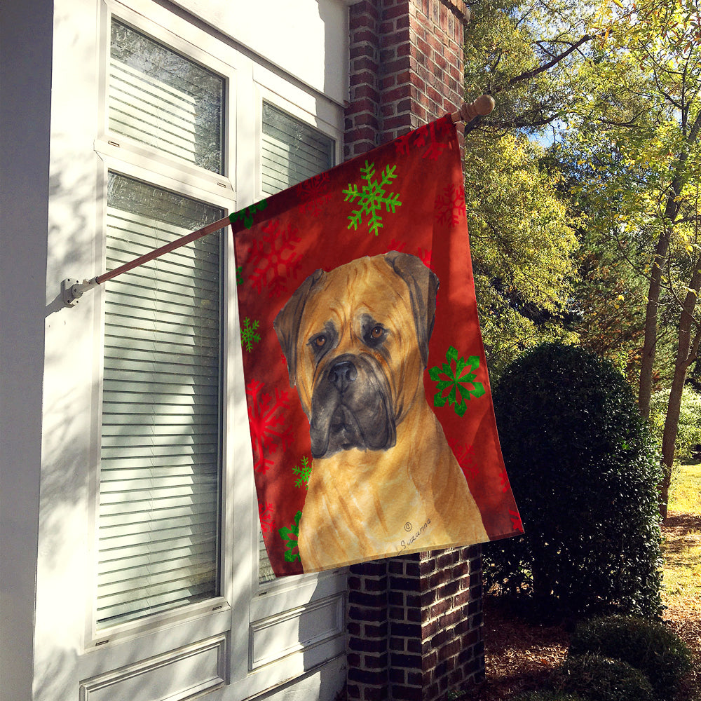 Bullmastiff Red and Green Snowflakes Holiday Christmas Flag Canvas House Size  the-store.com.