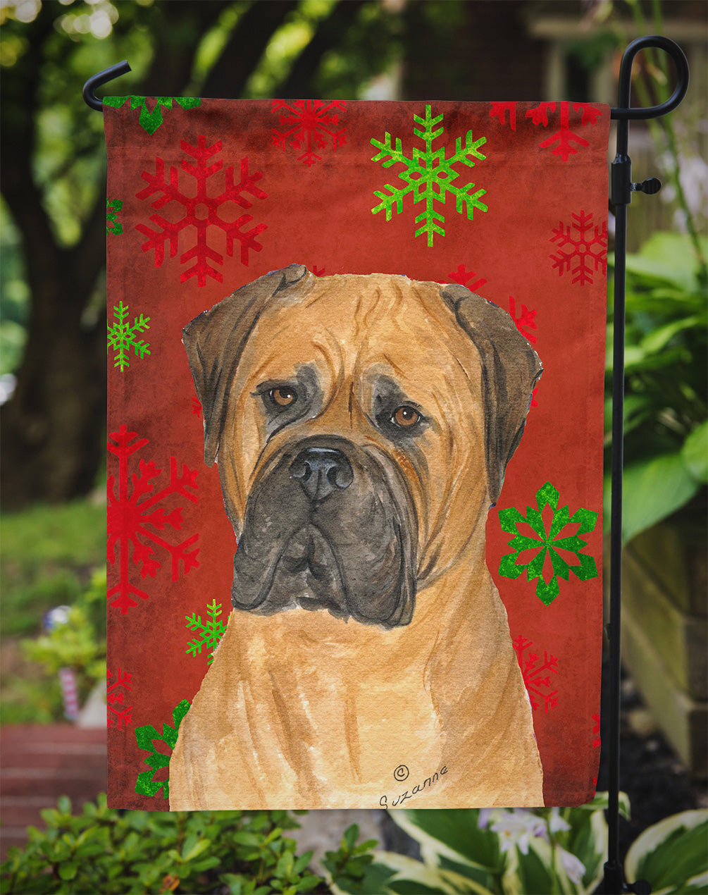 Bullmastiff Red and Green Snowflakes Holiday Christmas Flag Garden Size.