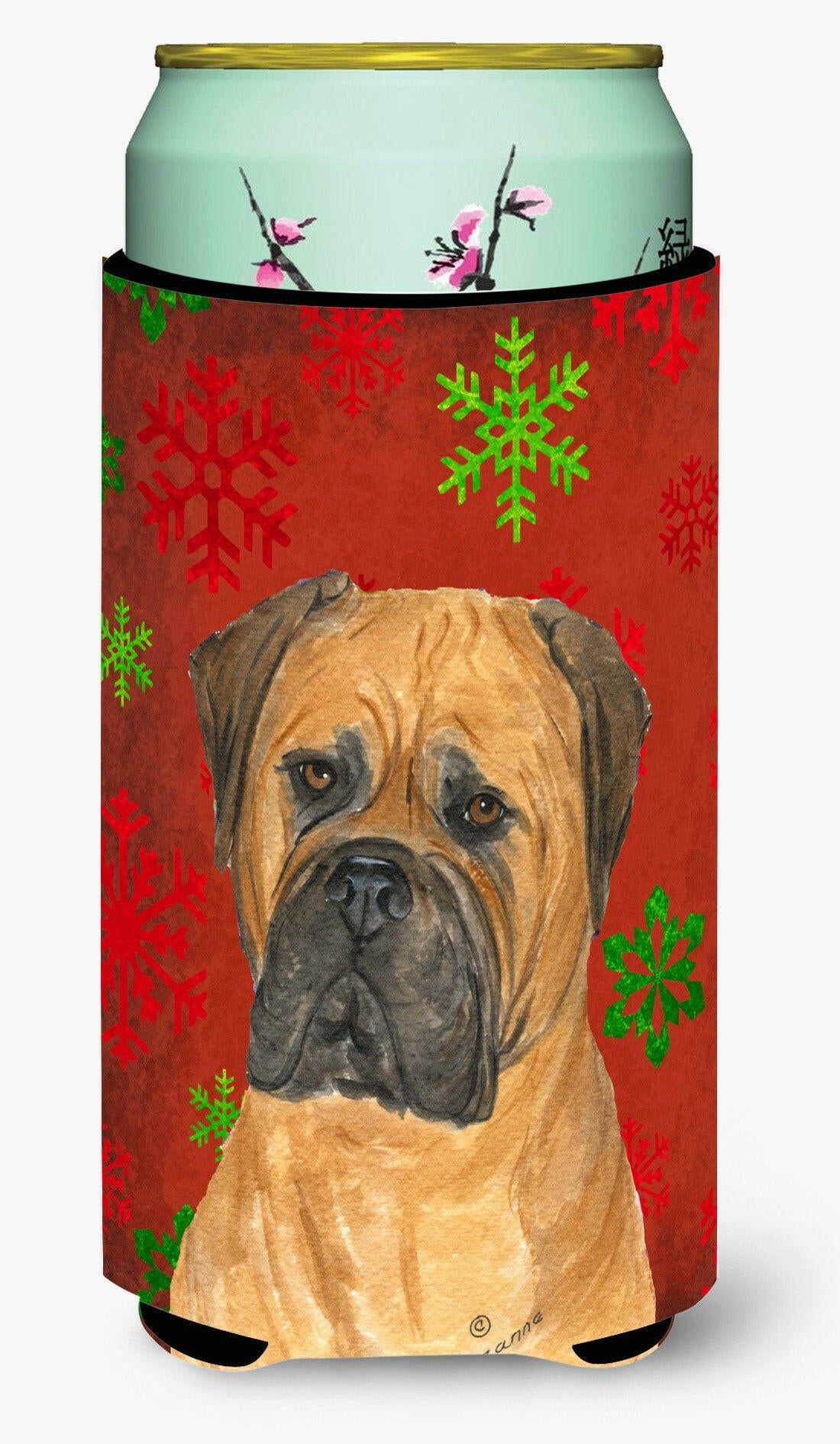 Bullmastiff Red and Green Snowflakes Holiday Christmas  Tall Boy Beverage Insulator Beverage Insulator Hugger by Caroline&#39;s Treasures