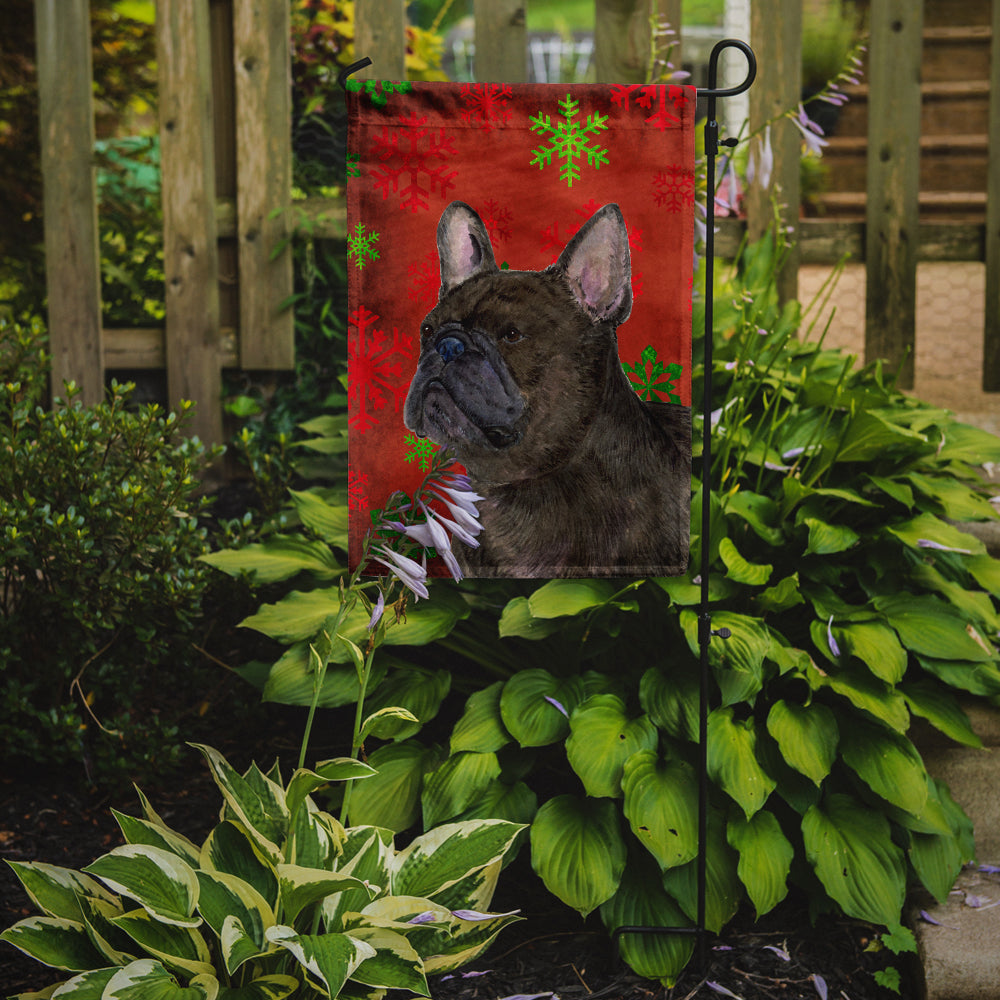 French Bulldog Red and Green Snowflakes Holiday Christmas Flag Garden Size.