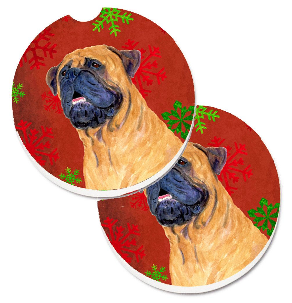 Mastiff Red and Green Snowflakes Holiday Christmas Set of 2 Cup Holder Car Coasters SS4727CARC by Caroline's Treasures