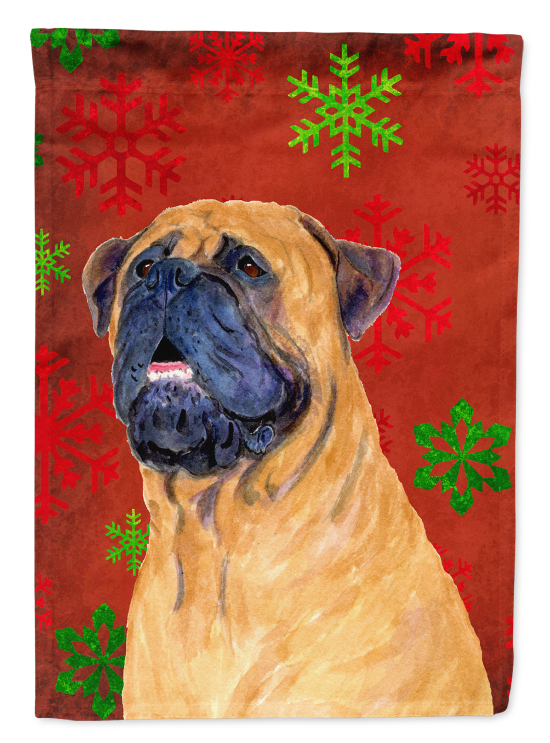 Mastiff Red and Green Snowflakes Holiday Christmas Flag Canvas House Size  the-store.com.