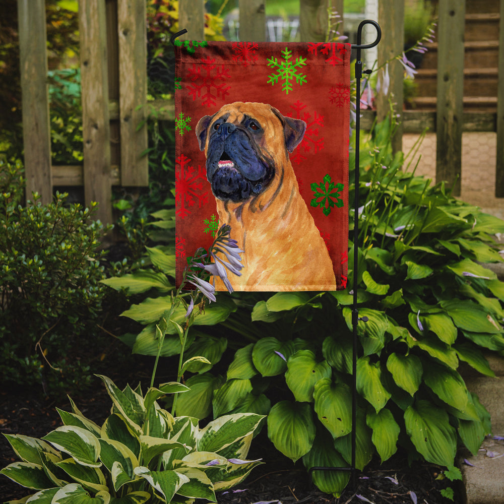 Mastiff Red and Green Snowflakes Holiday Christmas Flag Garden Size.