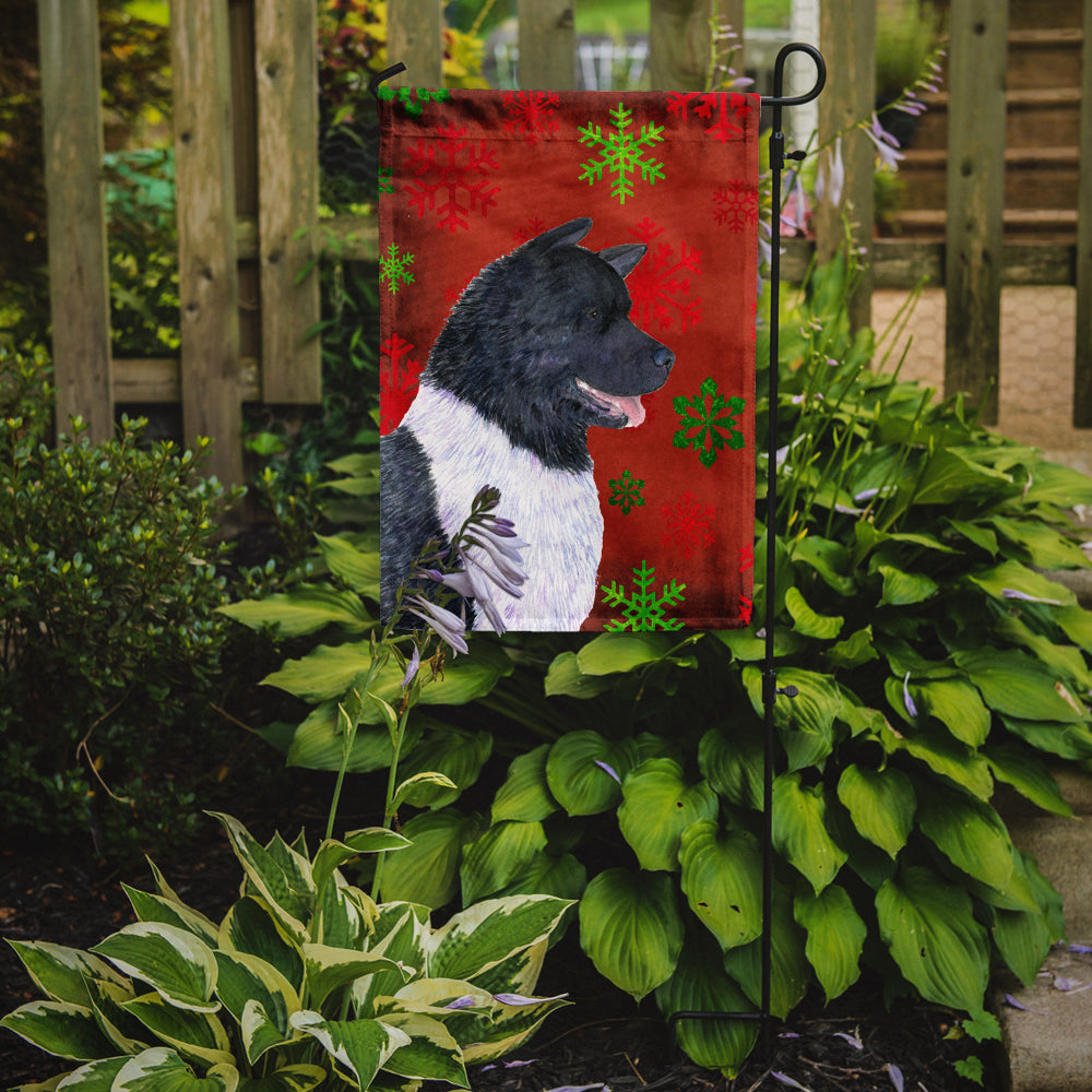 Akita Red and Green Snowflakes Holiday Christmas Flag Garden Size.