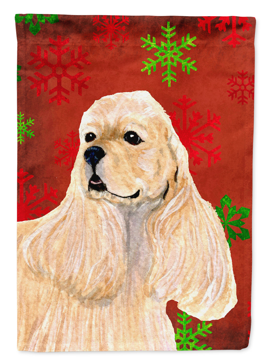 Buff Cocker Spaniel Red Green Snowflakes Christmas Flag Garden Size.