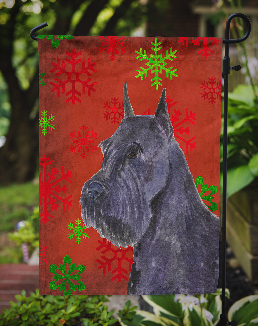 Schnauzer Red and Green Snowflakes Holiday Christmas Flag Garden Size.