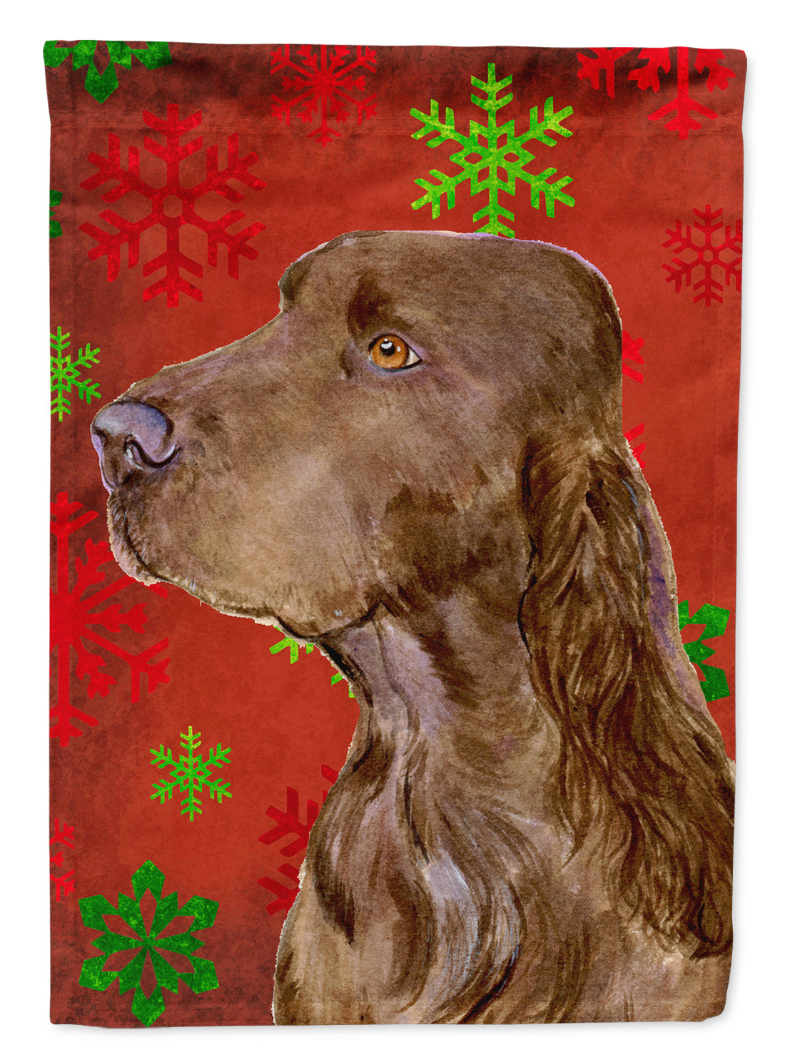 Field Spaniel Red and Green Snowflakes Holiday Christmas Flag Garden Size.