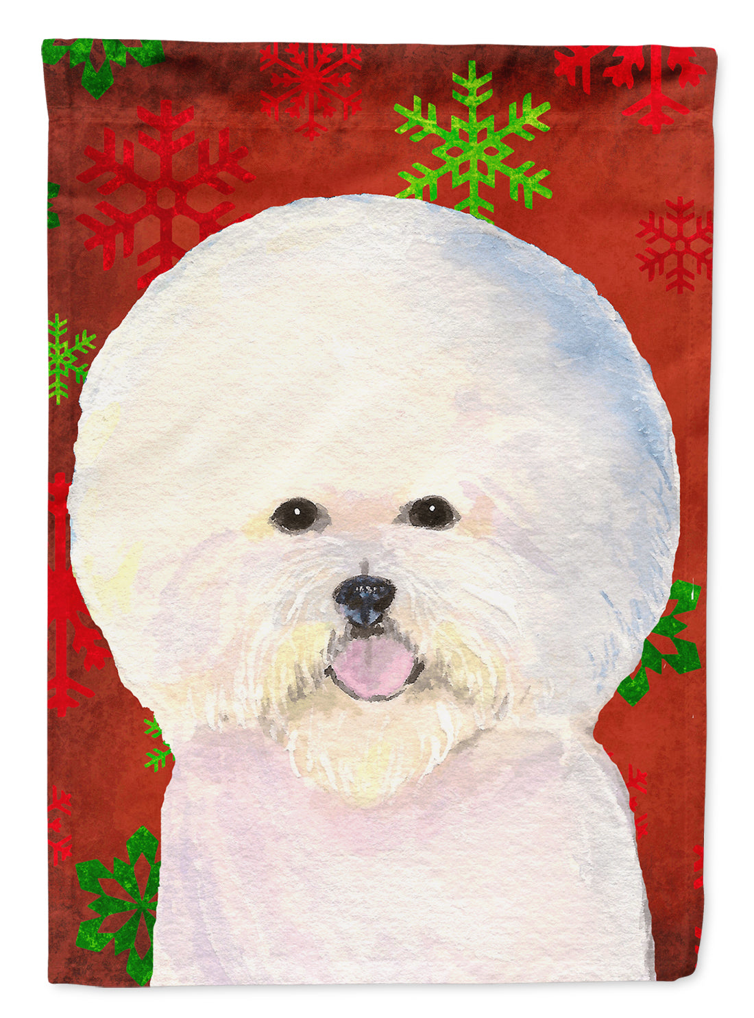 Bichon Frise Red and Green Snowflakes Holiday Christmas Flag Canvas House Size  the-store.com.