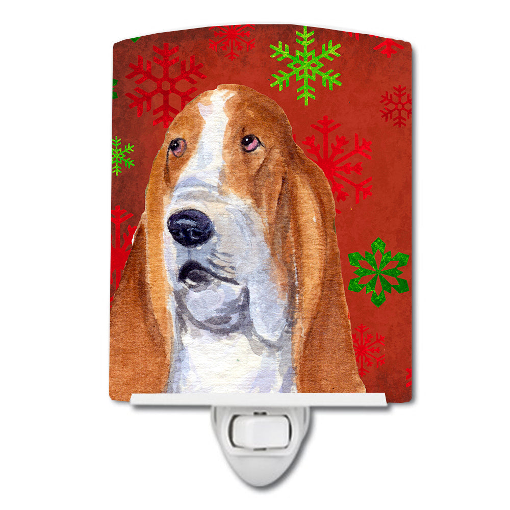 Basset Hound Red and Green Snowflakes Holiday Christmas Ceramic Night Light SS4735CNL - the-store.com