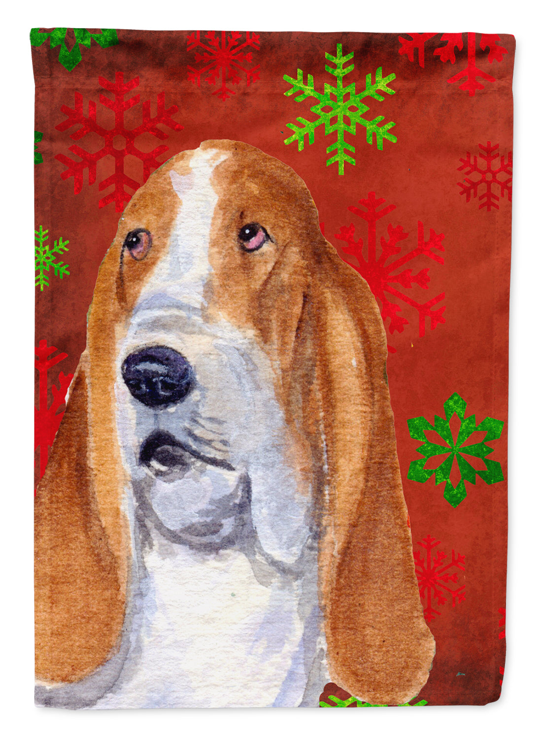 Basset Hound Red and Green Snowflakes Holiday Christmas Flag Garden Size.