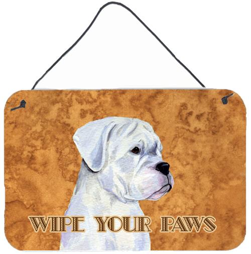 White Boxer Wipe your Paws Aluminium Metal Wall or Door Hanging Prints by Caroline&#39;s Treasures